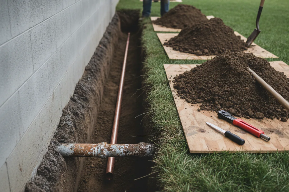 Excavated water line trench during Sewer Line Repair in Helotes
